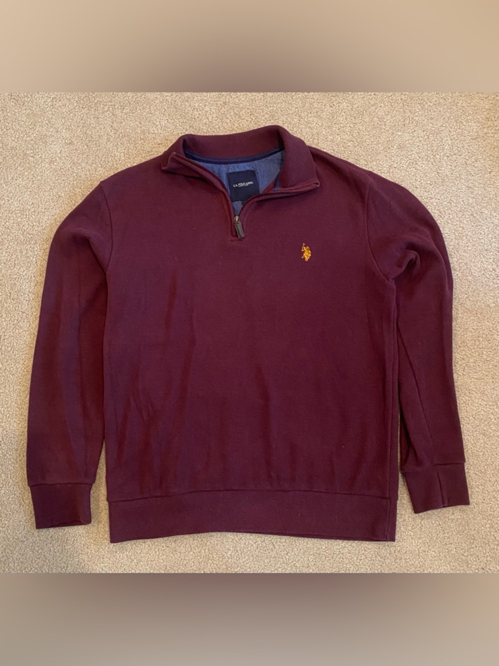 US Polo Assn Mens Burgundy Quarter Zip Sweatshirt Embroidered Pony Logo Size L